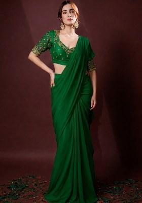 Bottle Green Crepe Handwork Pre Draped Saree Set