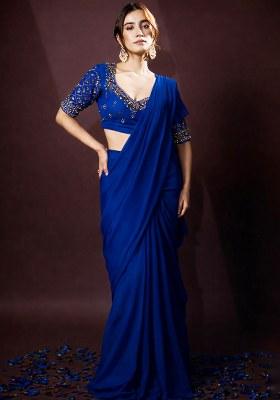 Royal Blue Crepe Handwork Pre Draped Saree Set