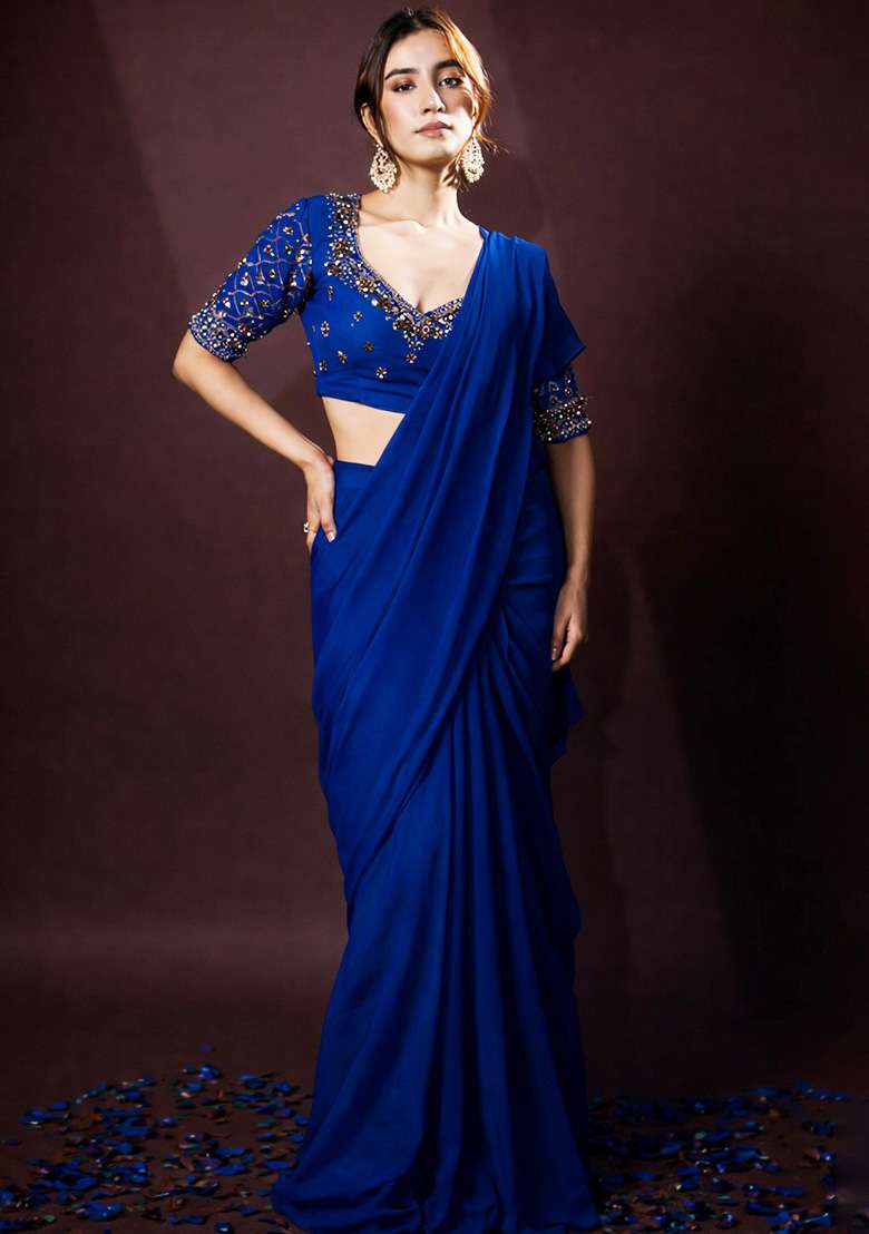 Royal Blue Crepe Handwork Pre Draped Saree Set - Indya
