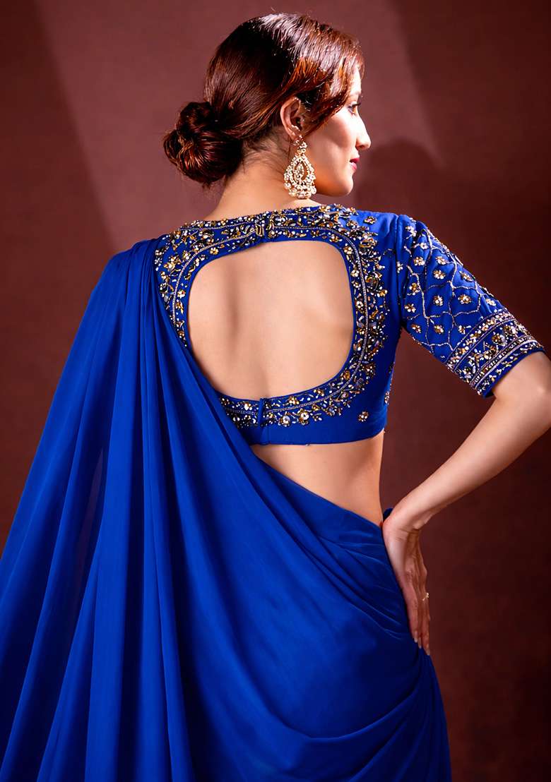 Royal Blue Crepe Handwork Pre Draped Saree Set - Indya