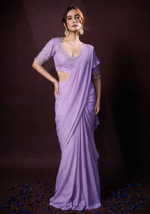 Lilac Crepe Handwork Pre Draped Saree Set