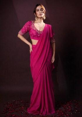 Rani Pink Crepe Handwork Pre Draped Saree Set