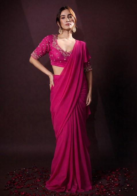 Rani Pink Crepe Handwork Pre Draped Saree Set