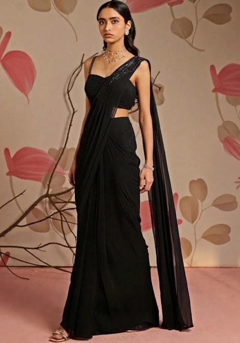 Black Georgette Handwork Pre Draped Saree Set