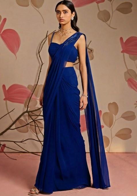 Navy Blue Georgette Handwork Pre Draped Saree Set
