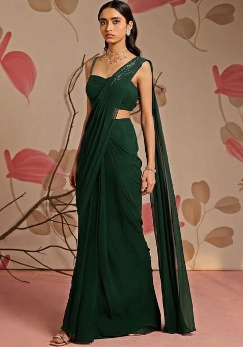 Forest Green Georgette Handwork Pre Draped Saree Set