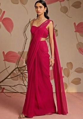 Hot Pink Georgette Handwork Pre Draped Saree Set