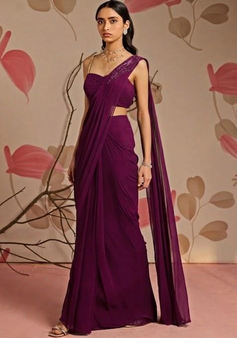 Purple Georgette Handwork Pre Draped Saree Set