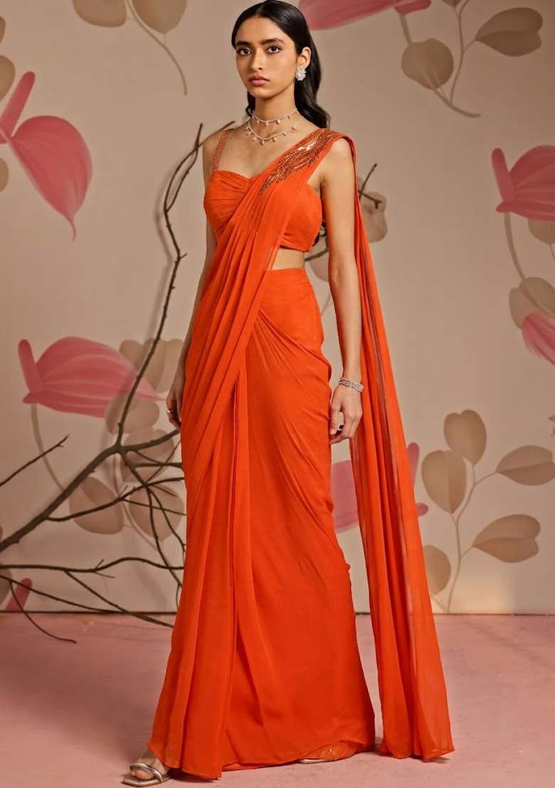 Orange Georgette Handwork Pre Draped Saree Set for Diwali and Festive Wear - Indya