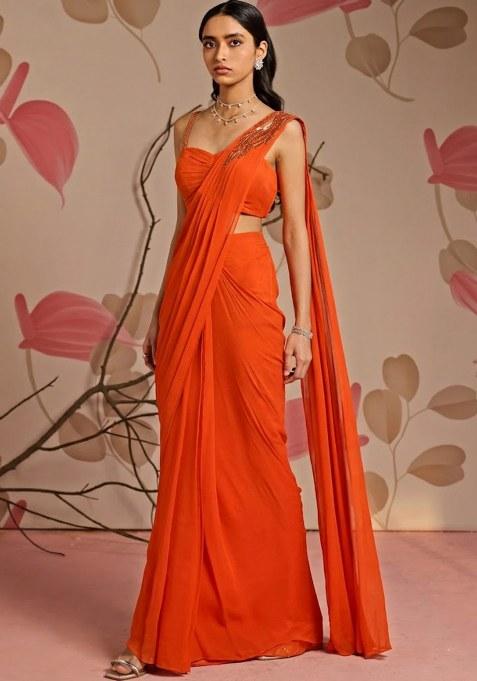 Orange Georgette Handwork Pre Draped Saree Set