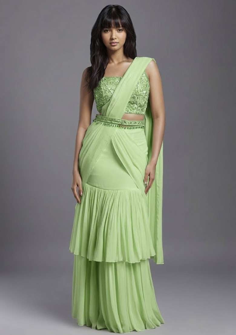 Pastel Green Georgette Handwork Pre Draped Saree Set - Indya