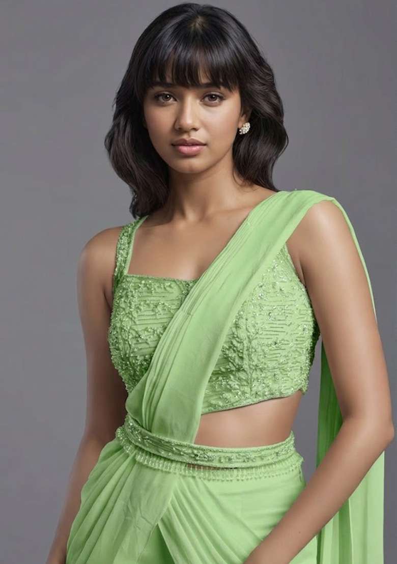 Pastel Green Georgette Handwork Pre Draped Saree Set - Indya