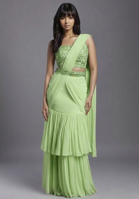 Pastel Green Georgette Handwork Pre Draped Saree Set