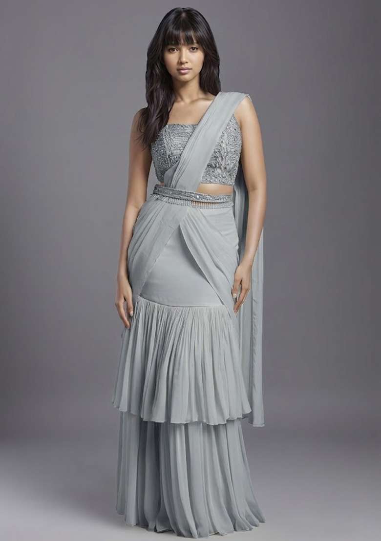 Grey Georgette Handwork Pre Draped Saree Set - Indya