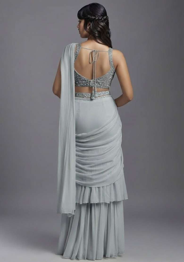 Grey Georgette Handwork Pre Draped Saree Set - Indya