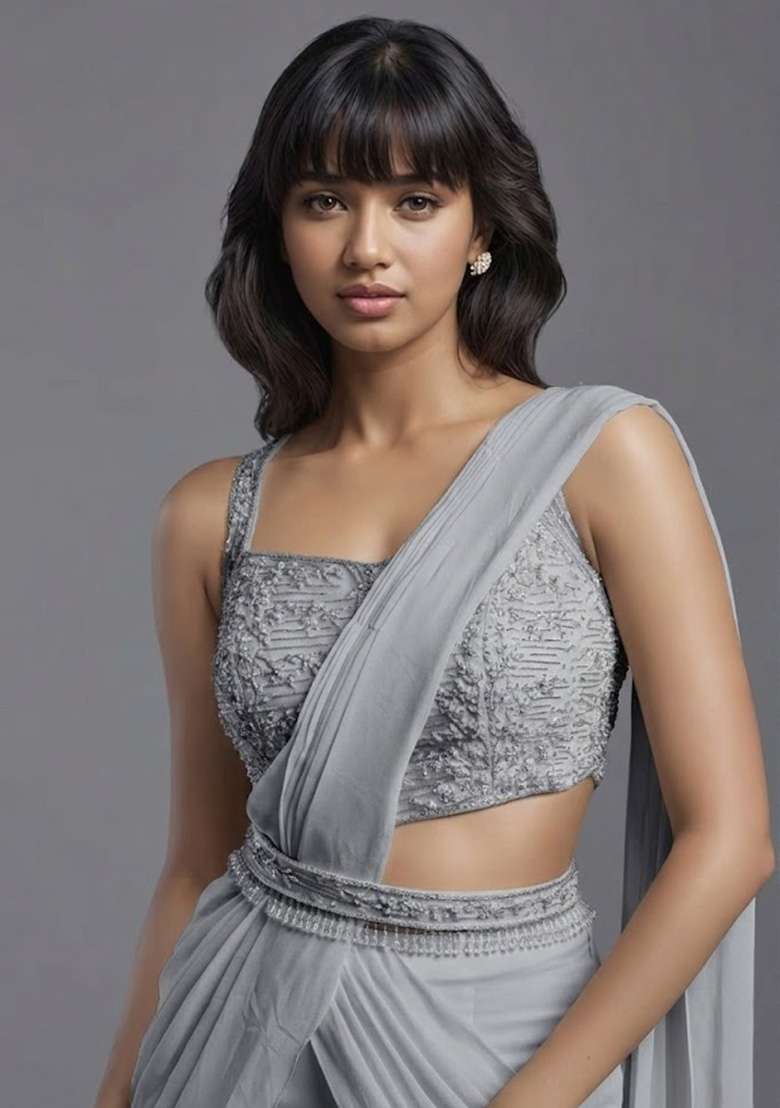 Grey Georgette Handwork Pre Draped Saree Set - Indya