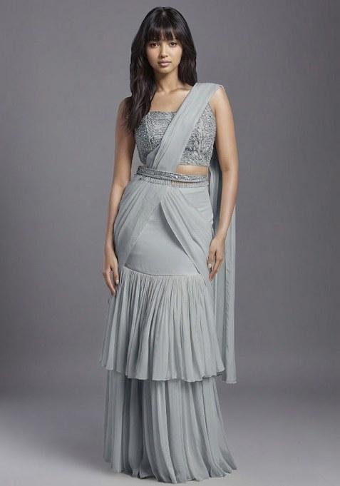 Grey Georgette Handwork Pre Draped Saree Set