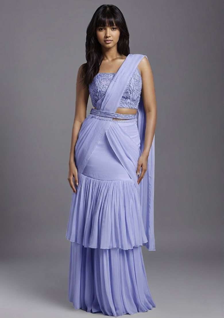 Lilac Georgette Handwork Pre Draped Saree Set - Indya