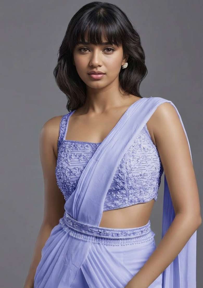 Lilac Georgette Handwork Pre Draped Saree Set - Indya