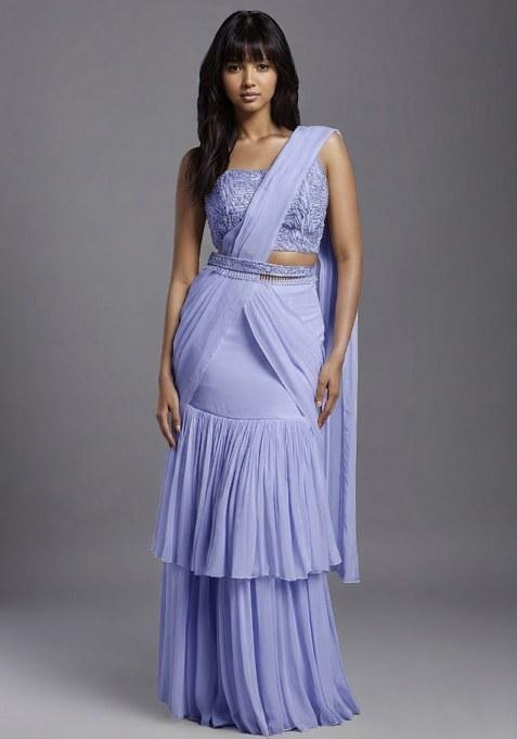 Lilac Georgette Handwork Pre Draped Saree Set