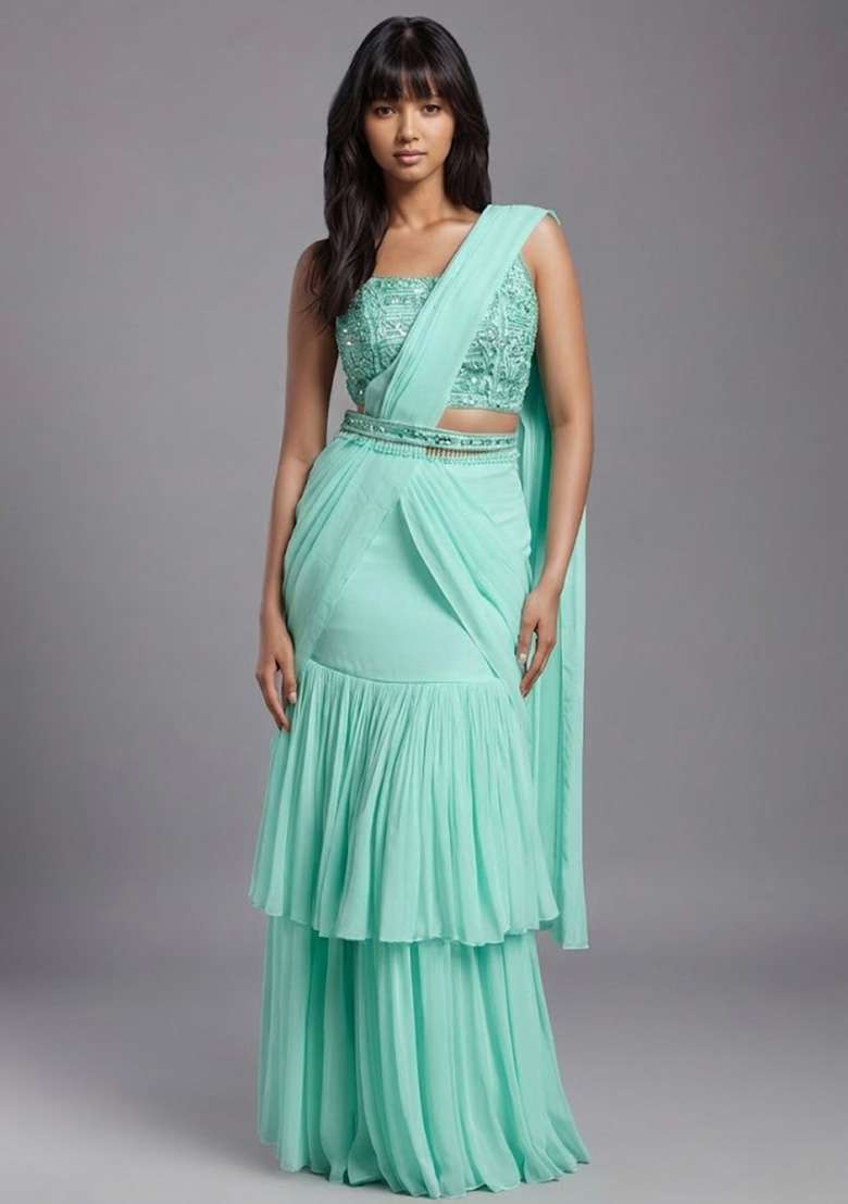 Mint Green Georgette Handwork Pre Draped Saree Set - Indya