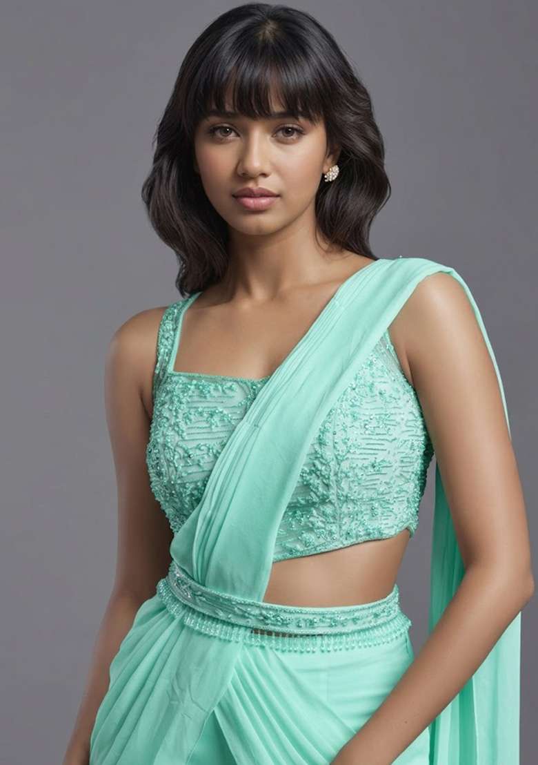 Mint Green Georgette Handwork Pre Draped Saree Set - Indya