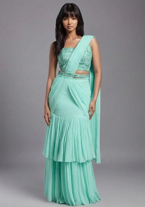 Mint Green Georgette Handwork Pre Draped Saree Set
