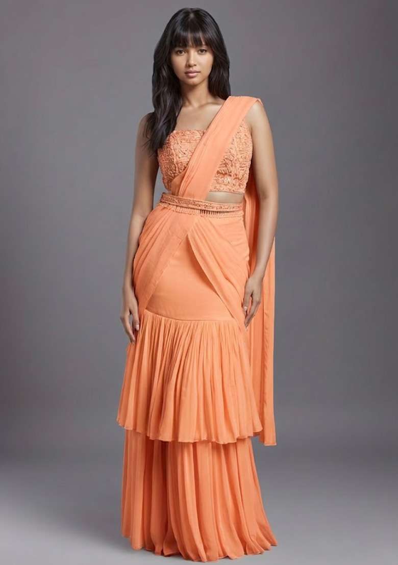 Peach Georgette Handwork Pre Draped Saree Set - Indya
