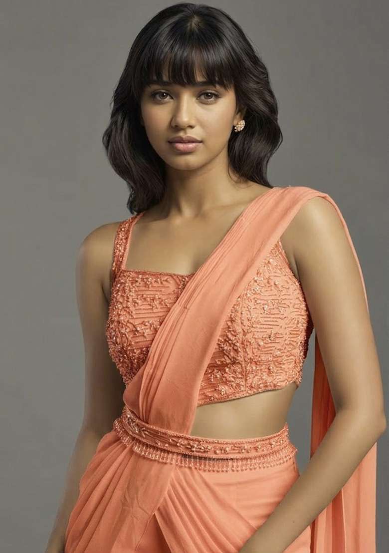 Peach Georgette Handwork Pre Draped Saree Set - Indya