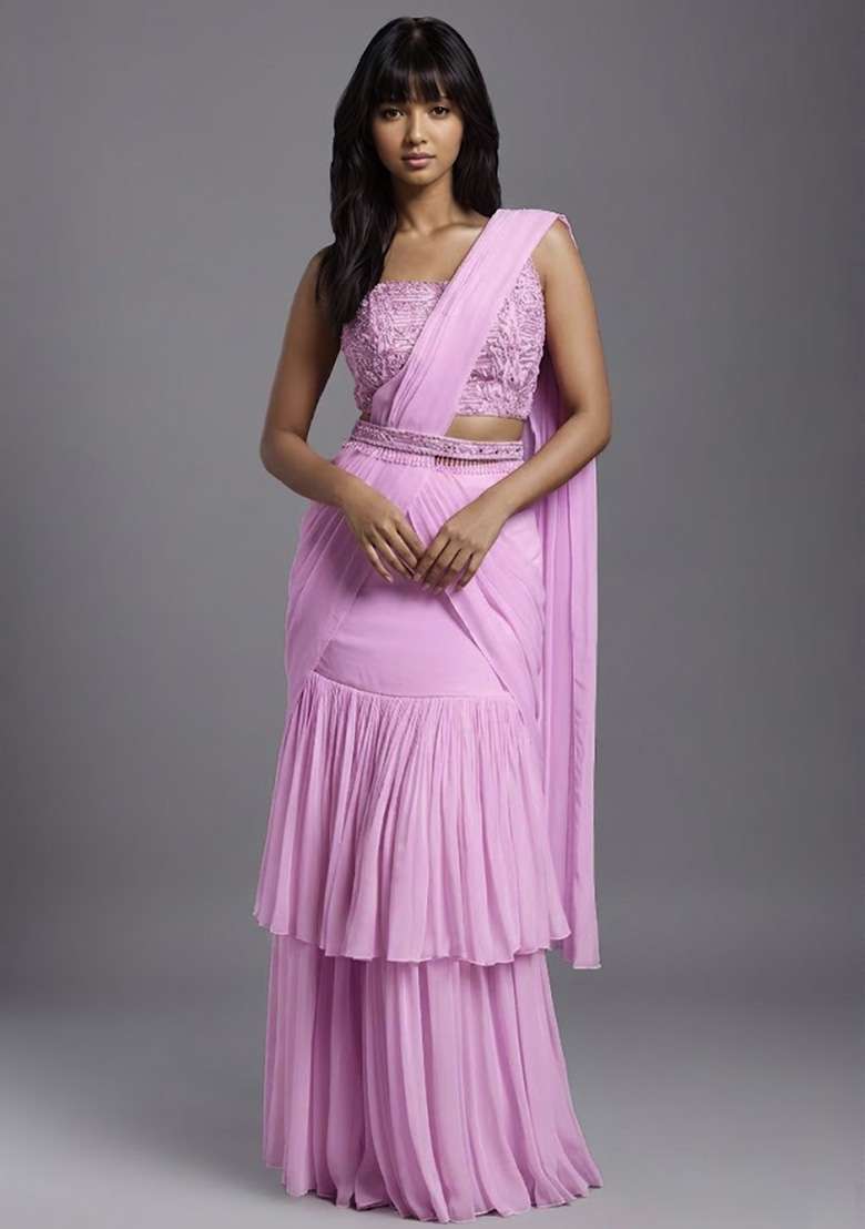 Pink Georgette Handwork Pre Draped Saree Set - Indya