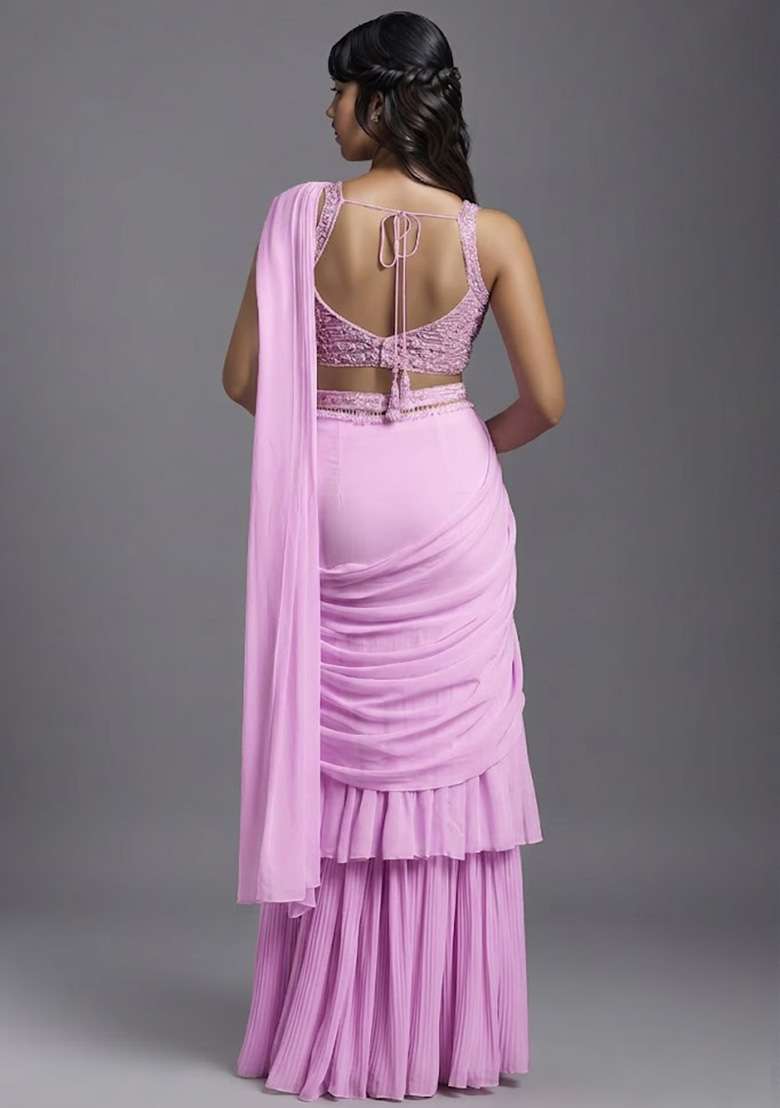 Pink Georgette Handwork Pre Draped Saree Set - Indya