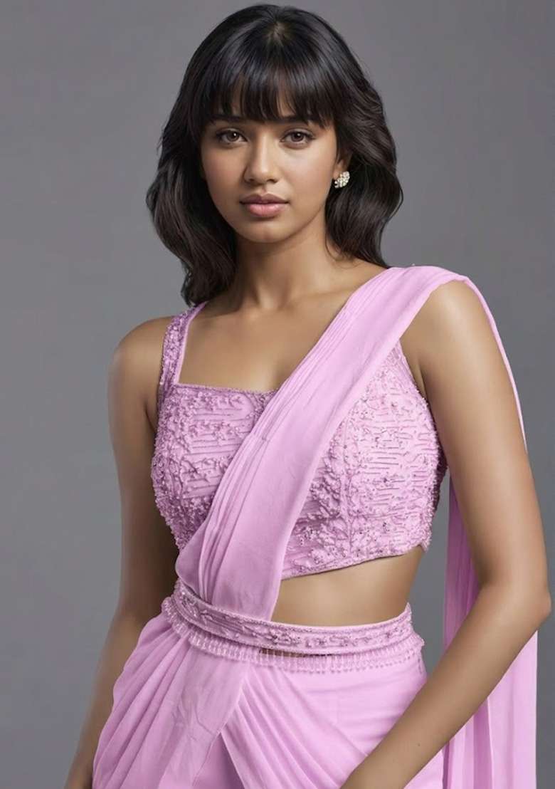 Pink Georgette Handwork Pre Draped Saree Set - Indya