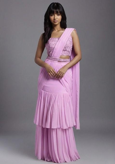 Pink Georgette Handwork Pre Draped Saree Set