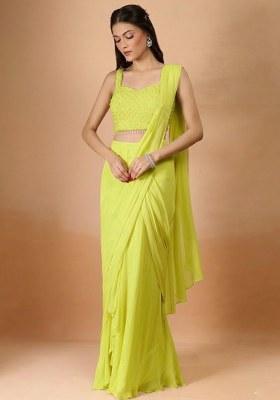Lime Green Georgette Handwork Pre Draped Saree Set