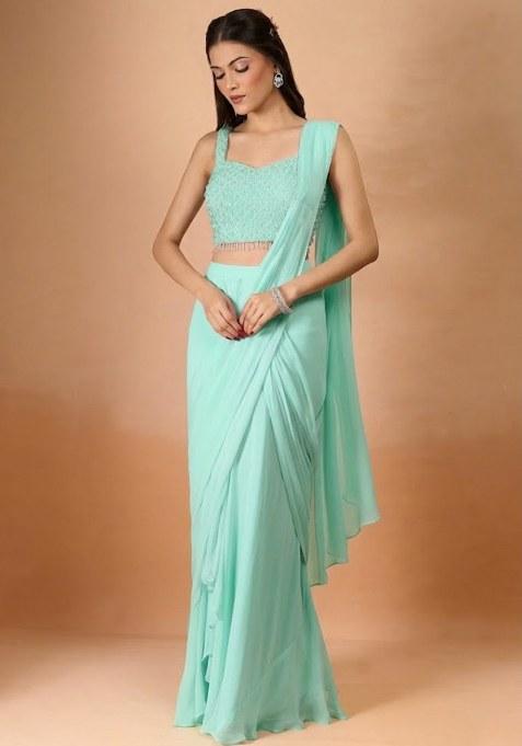 Mint Green Georgette Handwork Pre Draped Saree Set