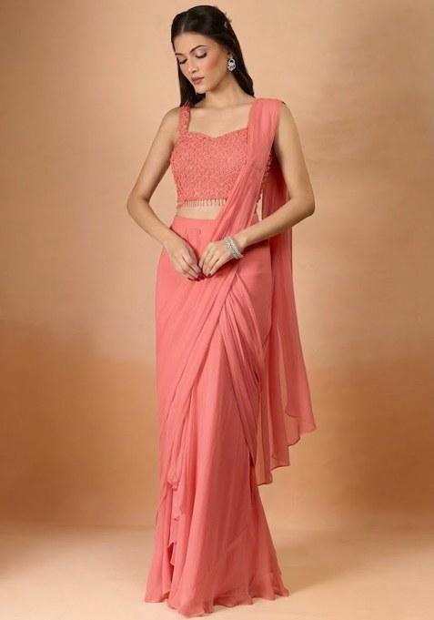 Peach Georgette Handwork Pre Draped Saree Set