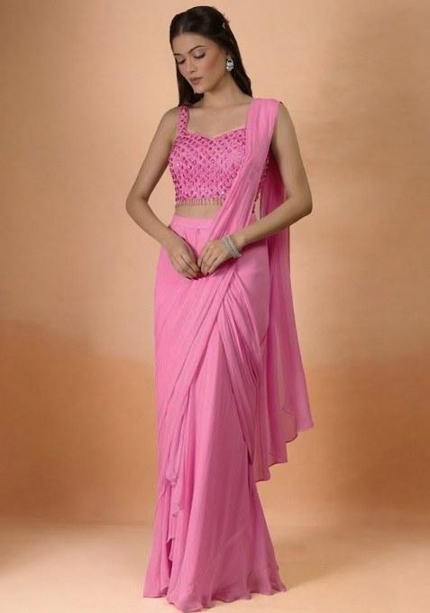 Pink Georgette Handwork Pre Draped Saree Set