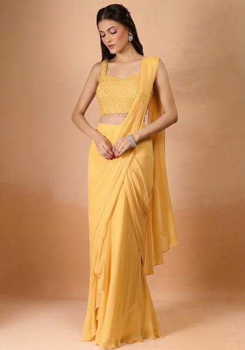 Yellow Georgette Handwork Pre Draped Saree Set