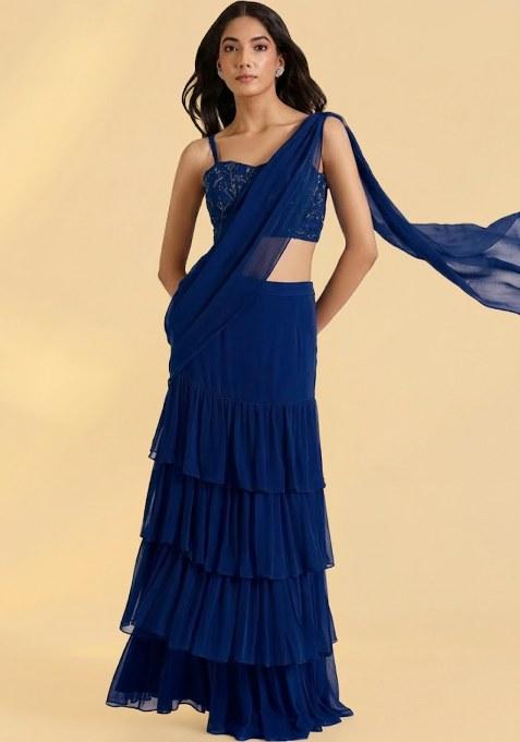Navy Blue Georgette Handwork Pre Draped Saree Set
