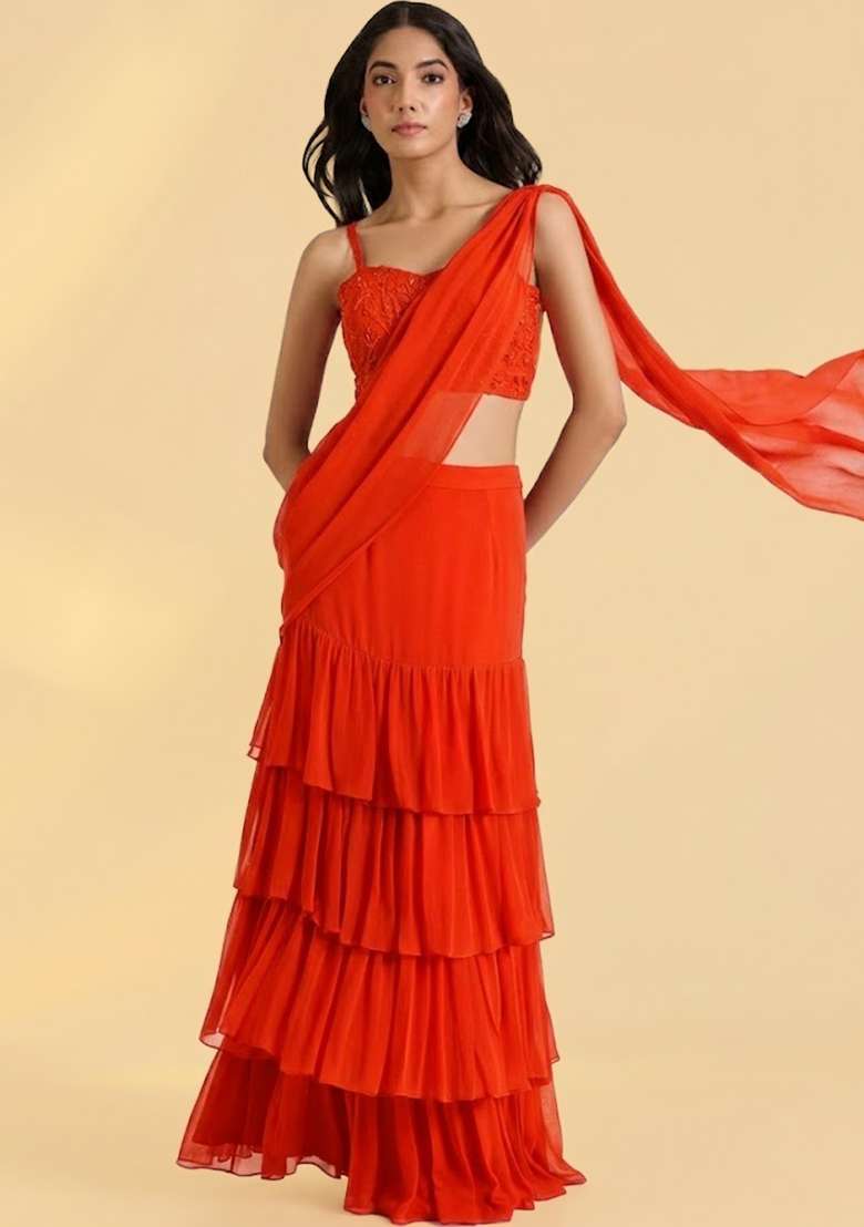 Orange Georgette Handwork Pre Draped Saree Set - Indya