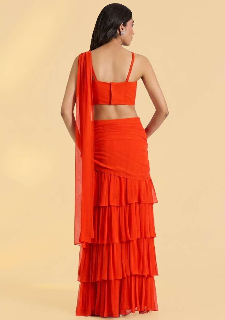 Orange Georgette Handwork Pre Draped Saree Set - Indya