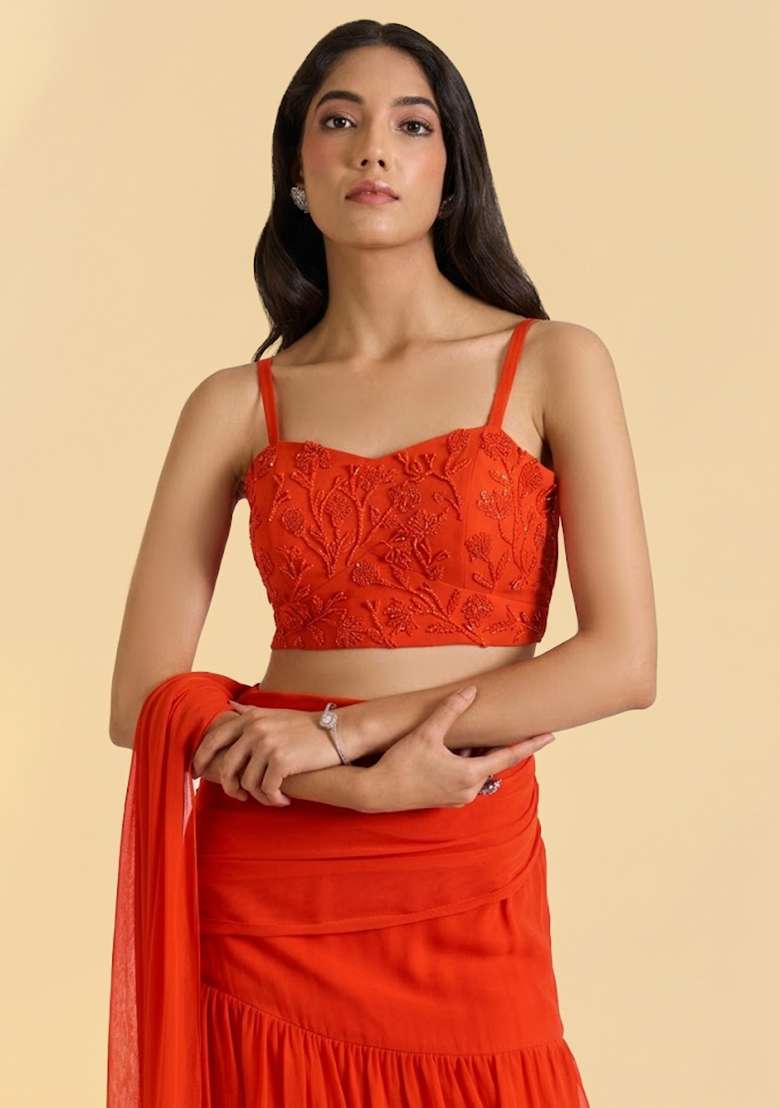 Orange Georgette Handwork Pre Draped Saree Set - Indya