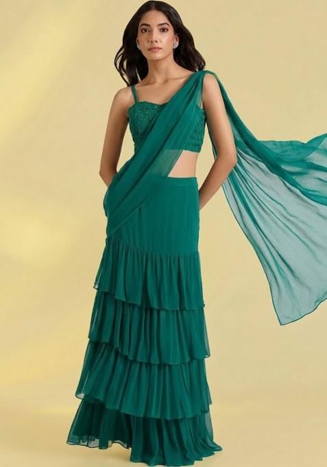 Teal Green Georgette Handwork Pre Draped Saree Set