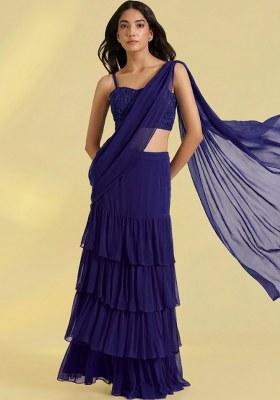 Navy Blue Georgette Handwork Pre Draped Saree Set
