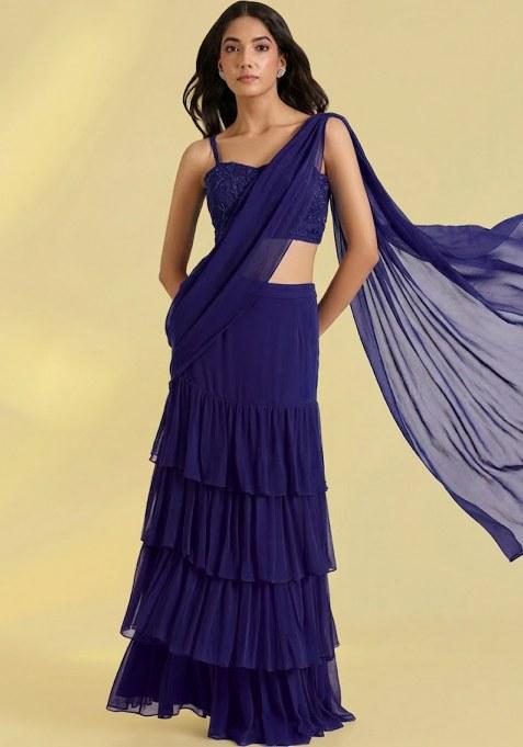 Navy Blue Georgette Handwork Pre Draped Saree Set