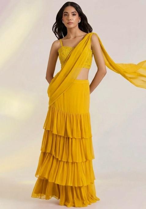Yellow Georgette Handwork Pre Draped Saree Set