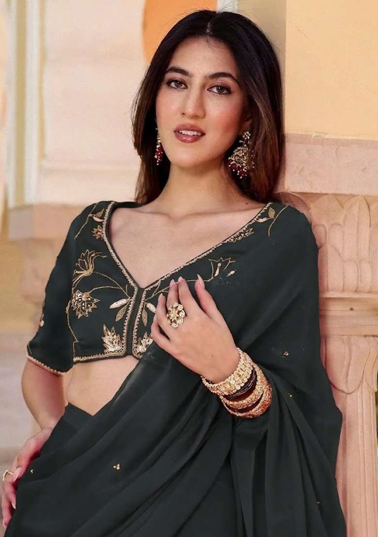 Charcoal Grey Crepe Handwork Pre Draped Saree Set - Indya
