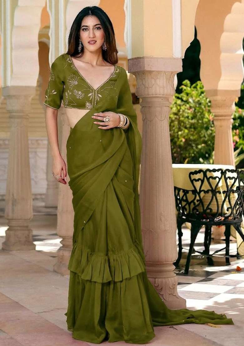 Olive Green Crepe Handwork Pre Draped Saree Set - Indya