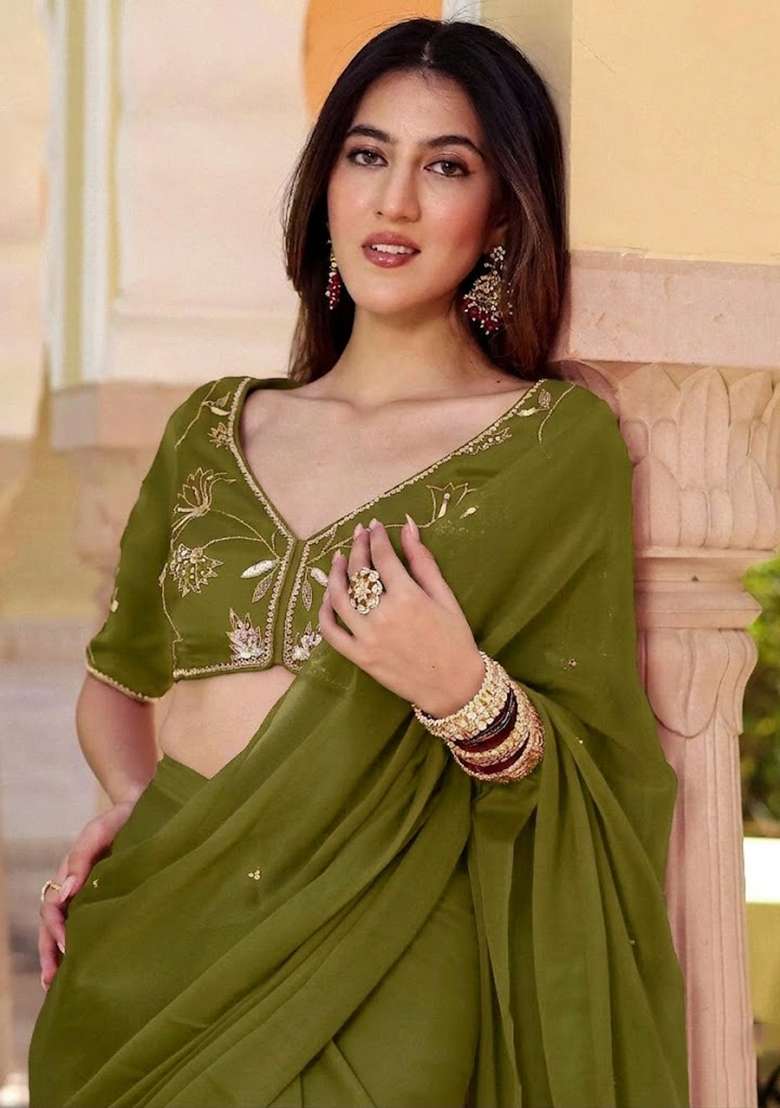 Olive Green Crepe Handwork Pre Draped Saree Set - Indya