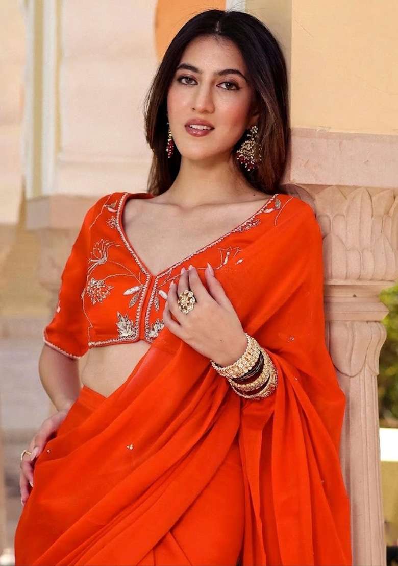 Orange Crepe Handwork Pre Draped Saree Set - Indya